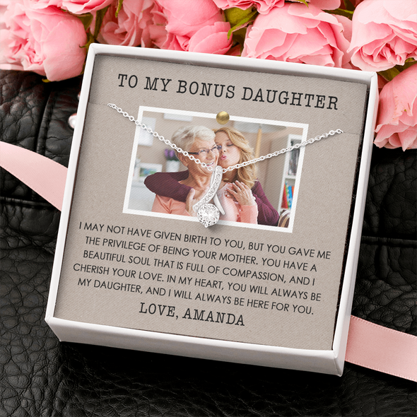 To My Bonus Daughter, Alluring Beauty Necklace With Privilege Of Being Your Mother Message Card, Customized Picture And Name Gift Pendant For Her, Christmas, Birthday, Anniversary, Gift For Her