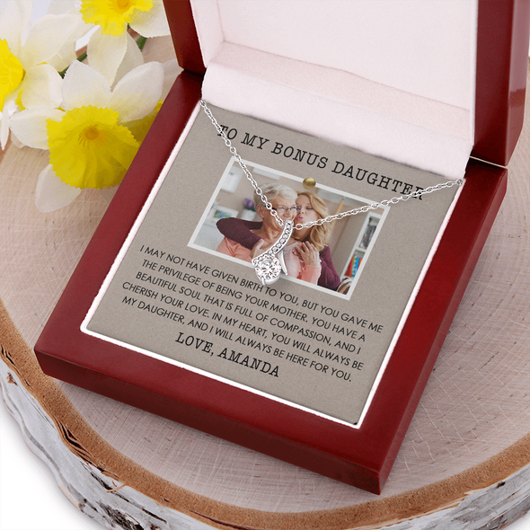 To My Bonus Daughter, Alluring Beauty Necklace With Privilege Of Being Your Mother Message Card, Customized Picture And Name Gift Pendant For Her, Christmas, Birthday, Anniversary, Gift For Her