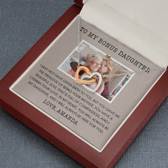 To My Bonus Daughter, Interlocking Hearts Necklace With Privilege Of Being Your Mother Message Card, Customized Picture And Name Gift Pendant For Her, Christmas, Birthday, Anniversary, Gift For Her
